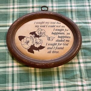 Vintage Hanging Inspirational Fabric Art in Oval Wood Frame 9.25"x7.25"Farmhouse